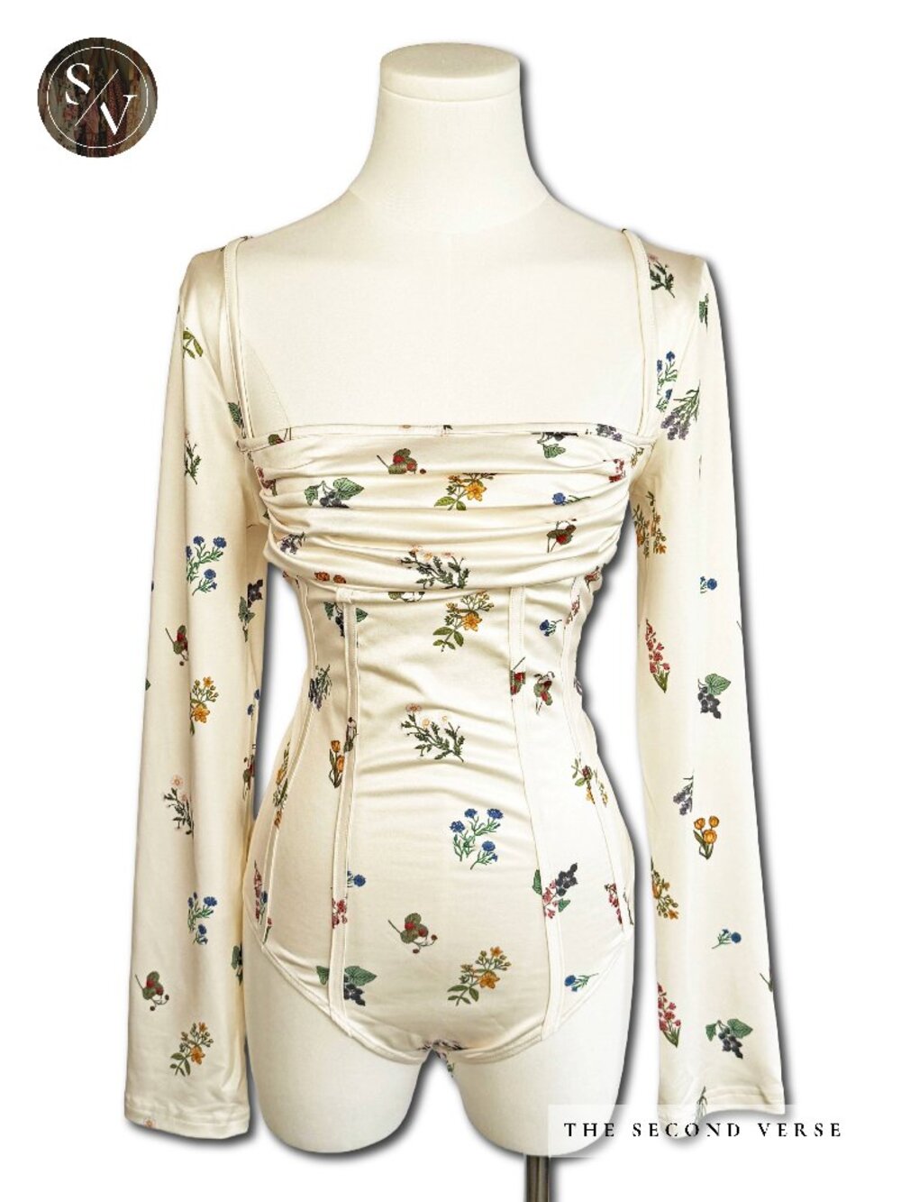 NWT Cider Long Sleeve Ruched Cottagecore Ditsy Floral Ivory Corset Bodysuit - Picture 3 of 11